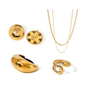 18K gold geometric design high-end necklace, earrings, ring and hair accessories set