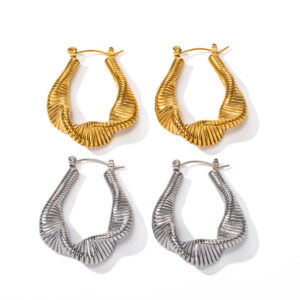18K Gold Trendy Personalized Folded Ribbed Twisted Line Design Earrings