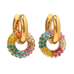 18k Gold Fashion Exquisite Colorful Diamond Donut Design Versatile Earrings “